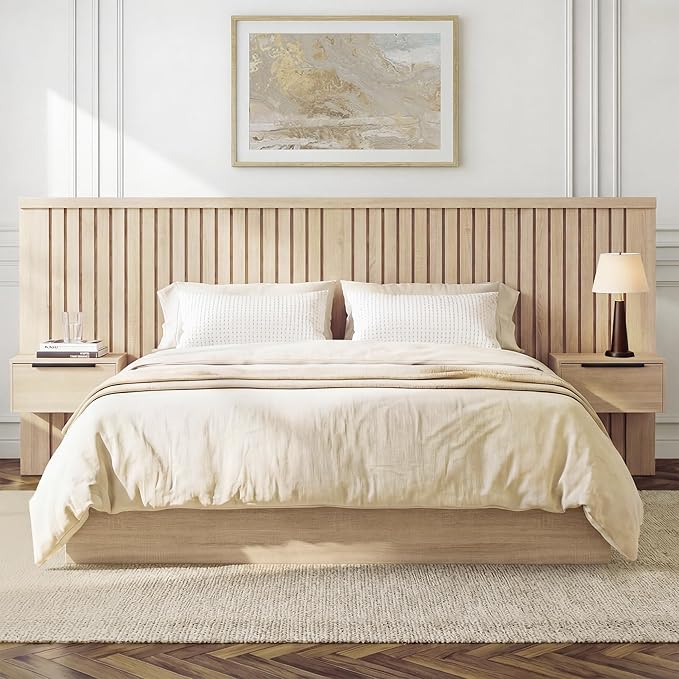 KISLOT Queen Size Wood Bed Frame with Built-in Nightstands, Modern Fluted Headboard & Storage Drawers, Solid Wood Slat Support, No Box Spring Needed, Noise-Free, Easy Assembly