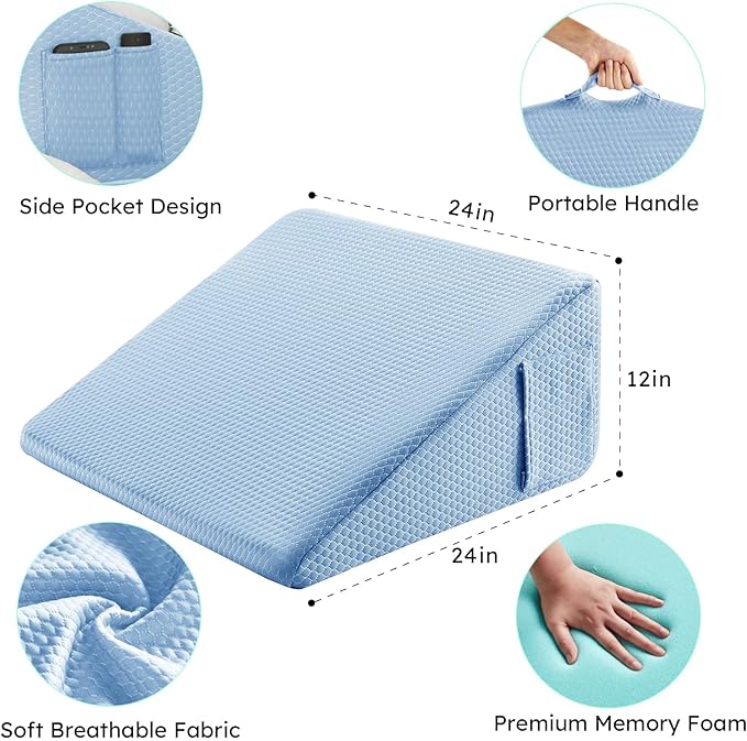 Bedluxe Wedge Pillow, 12 inch Bed Wedge Pillow for Headboard, Pillow Wedge for Acid Reflux Relief, Sleeping, After Surgery, Snoring, Gerd, Triangle Pillow Wedge - Cooling Memory Foam Top, Light Blue