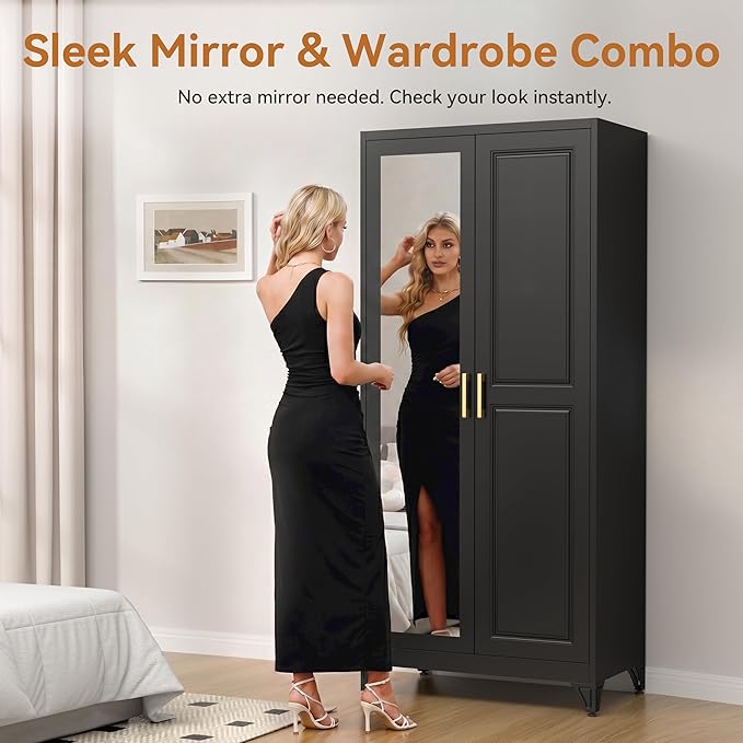 Polup Metal Armoire Wardrobe Closet with Mirror, 71" Tall Steel Clothing Storage Cabinet with 2 Doors, Hanging Rod and Adjustable Shelves, Freestanding Clothes Organizer for Bedroom, Office, Black