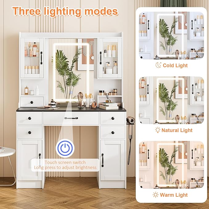 KAMABOKO Vanity Desk with LED Lights and Mirror, Large Makeup Vanity Table Set with 6 Drawers & 4 Cabinets & Power Outlet, 3 LED Lights Modes Adjustable