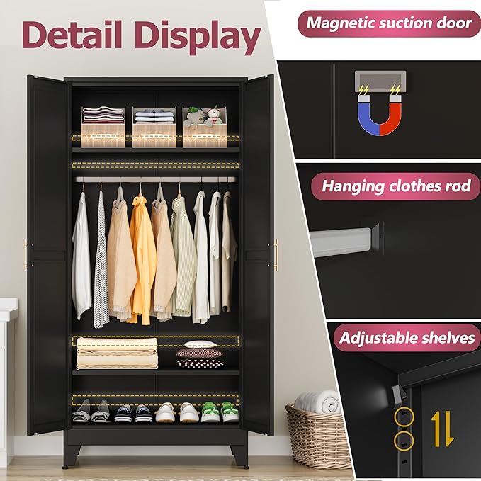 GAIOUS Metal Wardrobe Cabinet with Hanging Rod, 71" Metal Clothing Storage Cabinets with 2 Doors and Adjustable Shelves, Black Armoire Wardrobe Closet for Bedroom, Laundry Room, Cloak Room