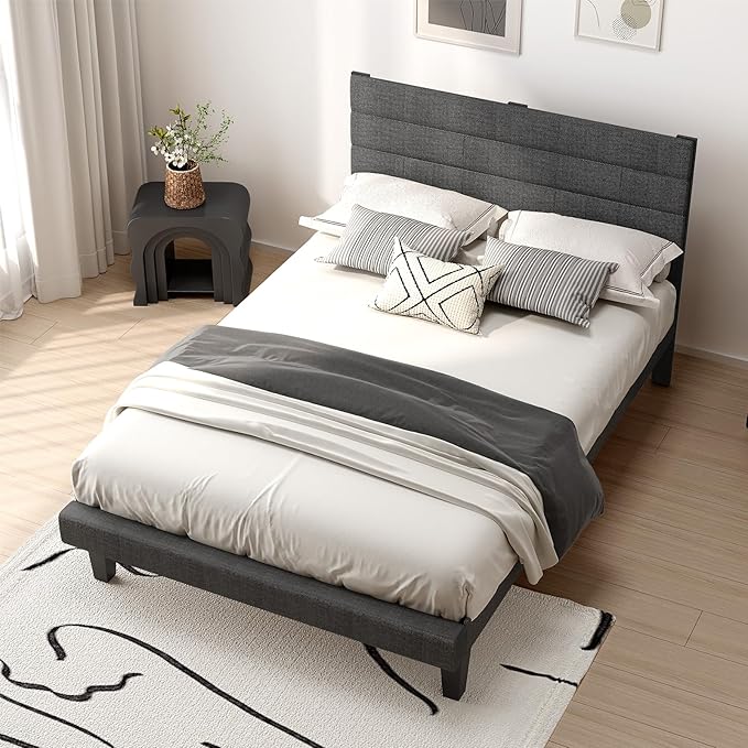 VINGLI Twin Bed Frames for Kids with Headboard, Mattress Foundation with Cozy Linen Upholstered,No Box Spring Needed,Stable Wooden Slats Support, Dark Gray