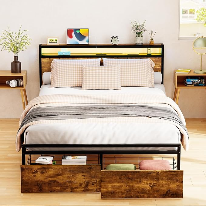 Zevemomo Full Bed Frame with Drawers, Bed Frame Full with LED Lights, Charging Station with 3 USB Ports & 1 Type-C Port, Full Platform Bed Frame with Headboard, No Noise, Rustic Brown