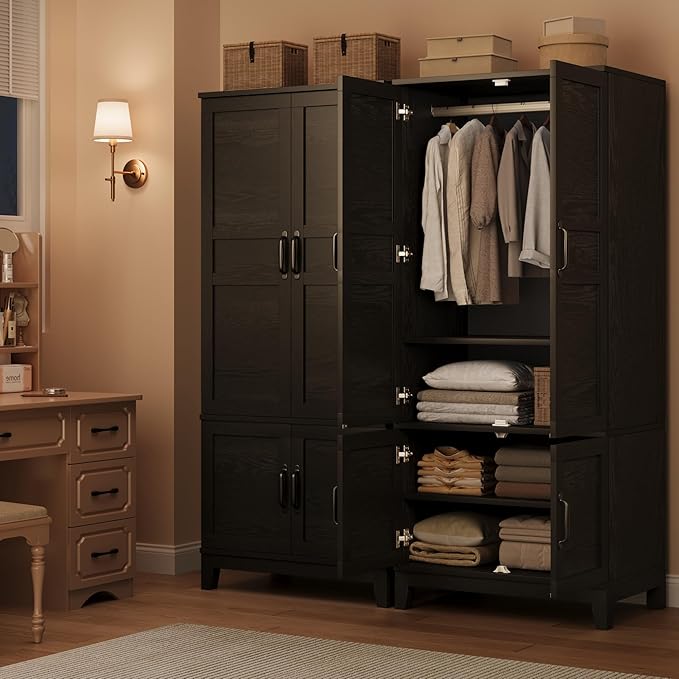 GarveeHome Armoire Wardrobe Closet with 4 Doors, 72 in Wooden Wardrobe Cabinet with Hanging Rod, Freestanding Tall Clothing Armoire Storage Cabinet with Adjustable Shelves for Bedroom, Black