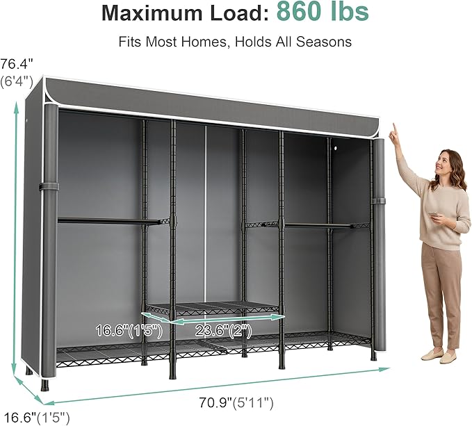 SEMHOR K01C Heavy Duty Clothes Rack with Grey Cover, Freestanding Portable Closet System with Shelves, Adjustable Carbon Steel Garment Rack, Black Clothing Racks for Hanging Clothes, 860LBS Max Load