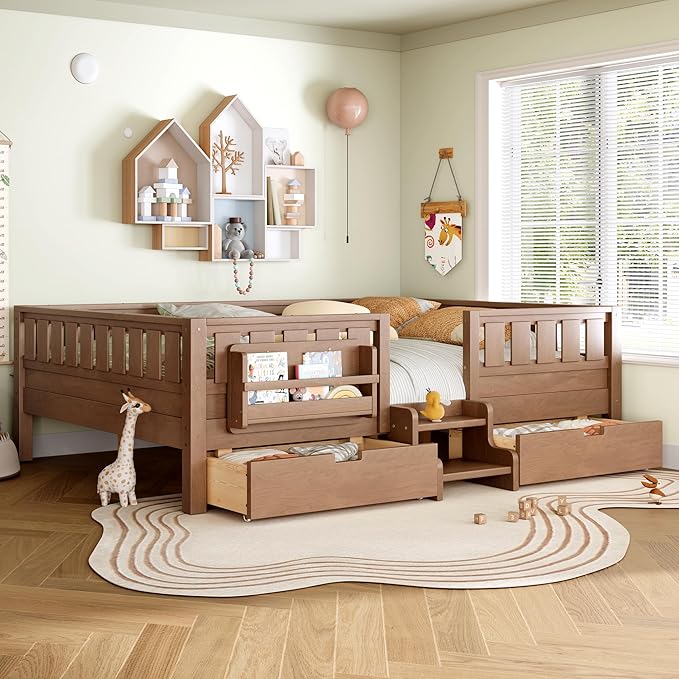 Bellemave Queen Size Kids Montessori Bed with Stairs and Bookshelf,Solid Wood Queen Size Kids Bed Frame with Drawers and Storage for Girls Boys,Low-Profile,Natural