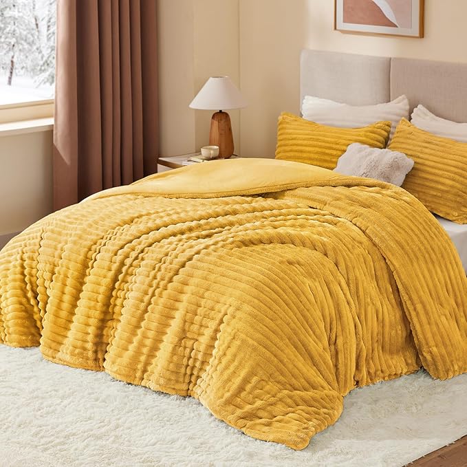 BEDELITE Fleece King Comforter Set -Super Soft & Warm Fluffy Mustard Yellow Bedding, Luxury Fuzzy Heavy Bed Set for Winter with 2 Pillow Cases
