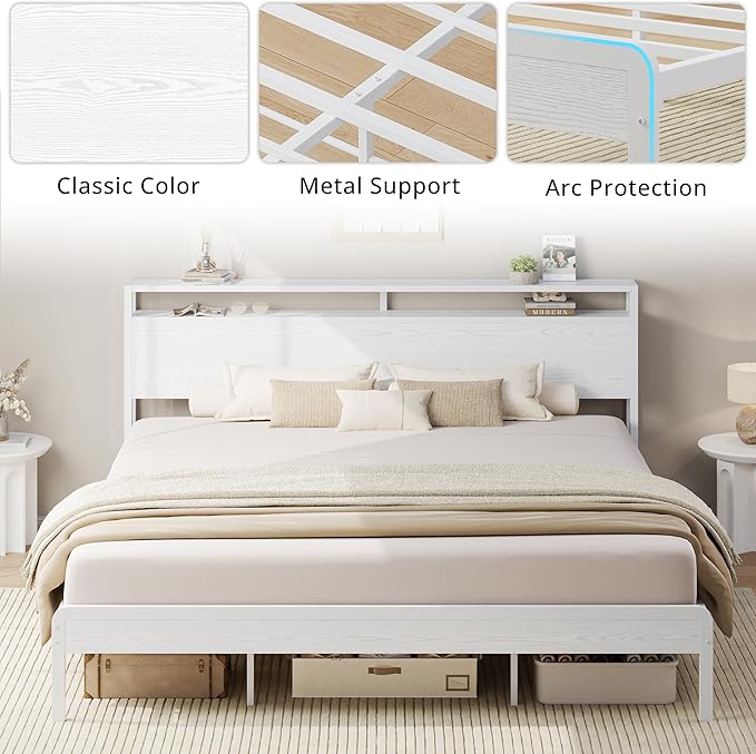 LIKIMIO California King Bed Frame with Headboard, Wood Camas California King with Strong Supports, Sturdy, Noise-Free, No Box Spring Needed, White