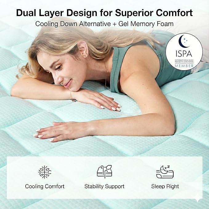 Novilla 4 Inch Dual Layer Memory Foam Mattress Topper, 2 Inch Gel Memory Foam and 2 Inch Cooling Down-Alternative Mattress Pad Cover for Back Pain, Breathable & Certi-Safe, California