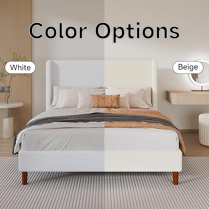 King Boucle Bed Frame, Platform Bed with Upholstered Wingback Headboard, Strong Wooden Slats Support, Noise-Free, No Box Spring Needed, Easy Assembly, White