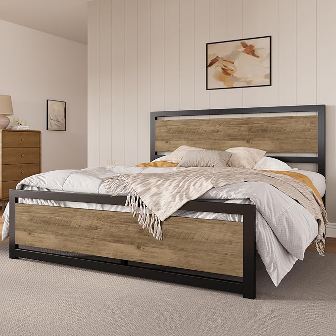SHA CERLIN King Size Bed Frame with Modern Headboard, Heavy Duty Platform Metal Base with Footboard and 13 Slats Support, No Box Spring Needed, Brown
