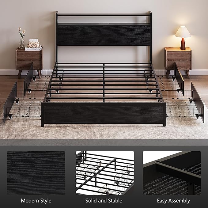 VINGLI Full Bed Frame with 4 Storage Drawers and Adjustable Headboard Shelf, Metal Double Platform Captain Bed with Charging Station and RGB LED Lights, No Box Spring Needed, Noise Free, Black