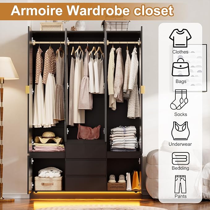 PAKASEPT 4 Doors Armoire Wardrobe Closet with Led Light & Mirror, Bedroom Large Capacity Freestanding Armoire Wardrobe with Drawers, Storage Cabinet with Hanging Rod Storage Closet for Bedroom