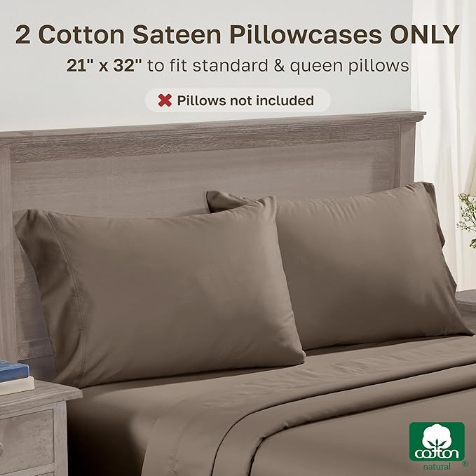 California Design Den Luxuriously Soft Premium 600 Thread Count, 100% Cotton Queen Pillowcases Set of 2, Crisp Standard Pillow Covers Fits Standard & Queen Pillows (Mushroom - Taupe Brown)