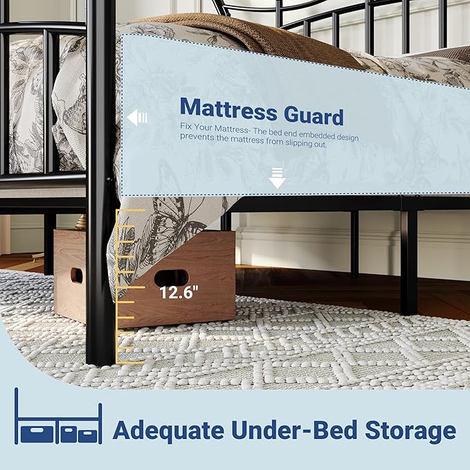 Allewie 14 Inches Full Size Metal Platform Bed Frame with Elegant Crown Iron-Art Headboard & Footboard, Sturdy Mattress Foundation with Under-Bed Storage, Easy Assembly, No Box Spring Needed, Black