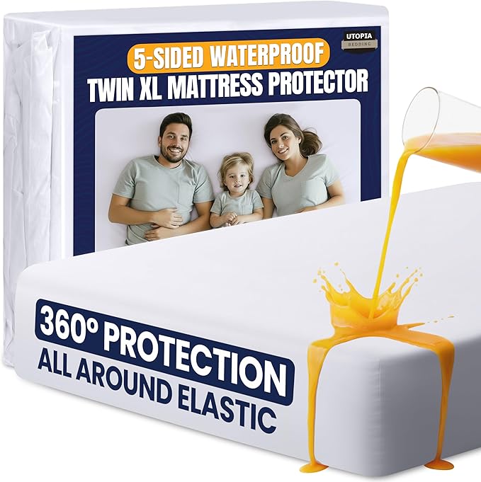 Utopia Bedding Waterproof 5-Sided Mattress Protector Twin XL Size, Premium Breathable Mattress Cover, Fitted Style with Stretchable Pockets (White)