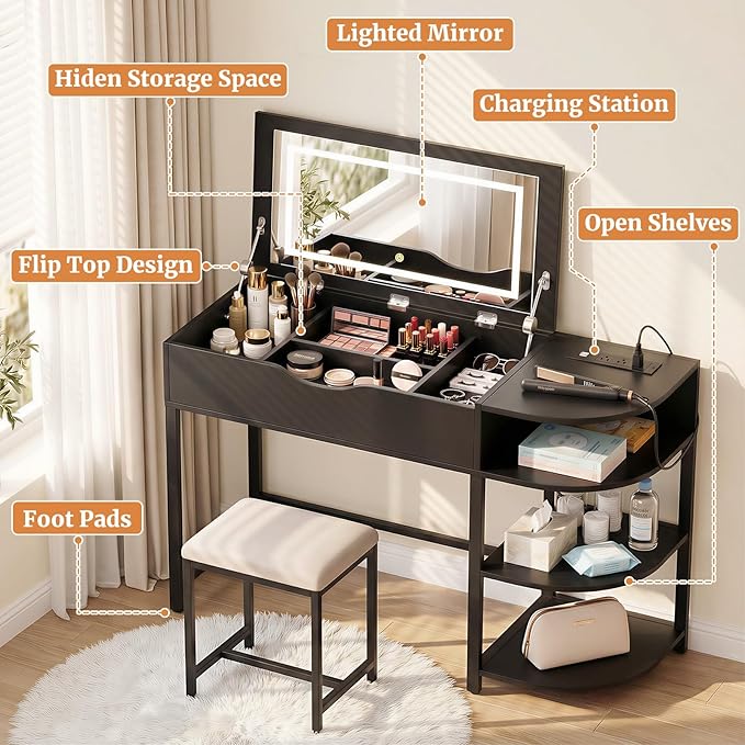 Cyclysio Vanity Desk with Flip Top Mirror and Lights, Makeup Vanity Desk with Drawers, Dressing Table with Storage Shelves & Charging Station, Small Vanity for Small Spaces, Black
