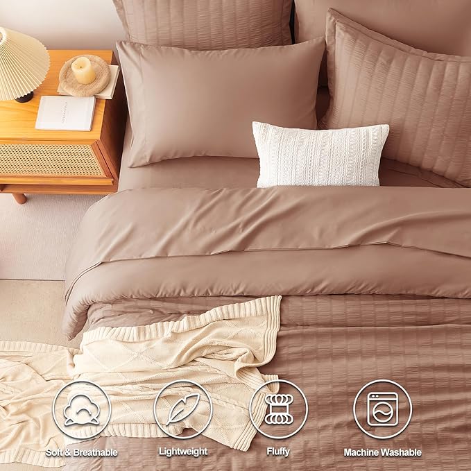 CozyLux Queen Comforter Set Mocha Mousse Seersucker 7 Pieces Bed in a Bag Queen Comforter Set with Sheets, Luxury Bedding Sets with Down Alternative Comforter, Sheets, Pillowcases & Shams All Seasons