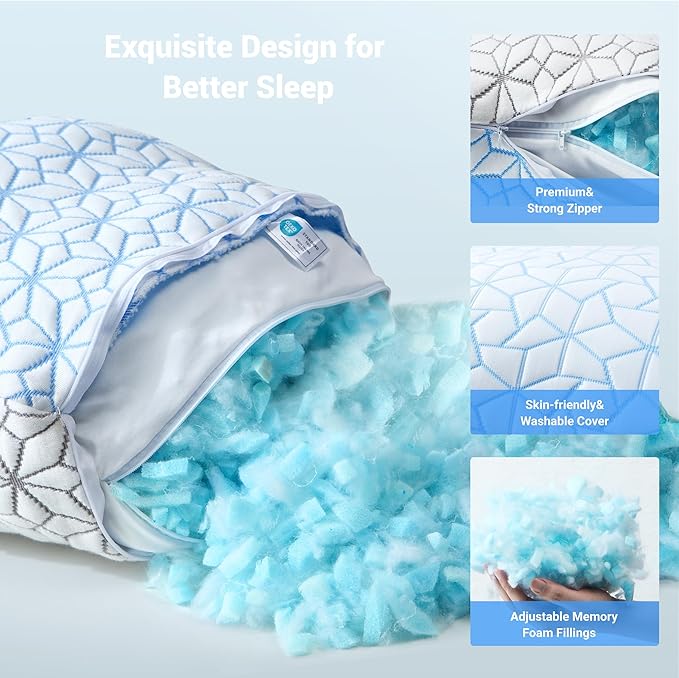 puredown® King Size Pillows Set of 2, Cooling Pillow King Size 2 Pack, Adjustable Shredded Memory Foam Pillows for Side Back Stomach Hot Sleepers, Ice Blue