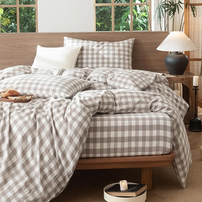 MooMee Gingham Duvet Cover Set 100% Washed Cotton Linen Like Textured Breathable Durable Soft Comfy Modern Checkered Design (Buffalo Plaid Tannish Linen Grey, Cal King 104"x98")