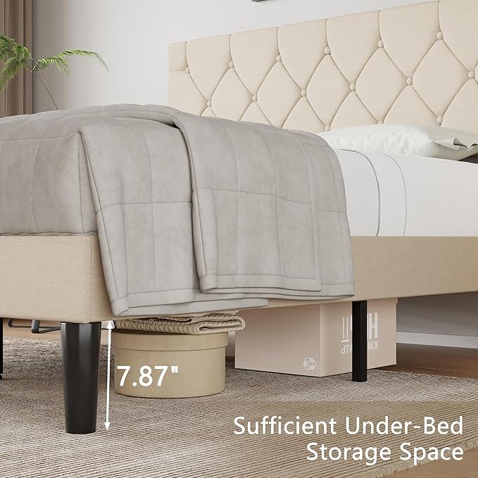 VECELO Queen Bed Frame with Button Tufted Headboard, Upholstered Platform with Wooden Slat Support, No Box Spring Needed, Dark Beige