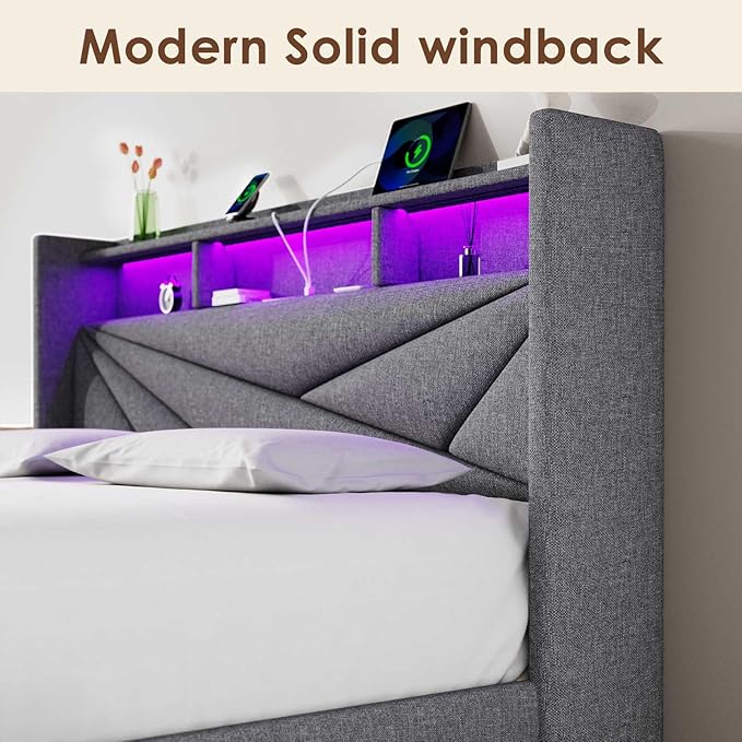 Driftalia LED Full Size Bed Frame with 2 Storage Drawers, Upholstered Full Bed Frame with Headboard and Charging Station, No Box Spring Needed, Easy to Assembly-Light Grey