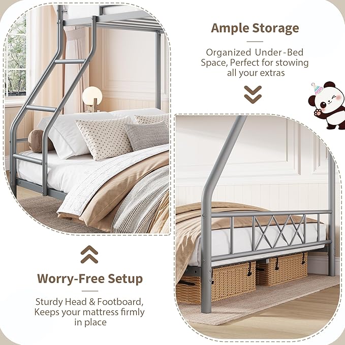 Garvee Twin Over Full Metal Bunk Bed, Heavy Duty & Sturdy Construction for Quiet Use, Includes Ladder & Guardrails, No Box Spring, Space Saver, Gray