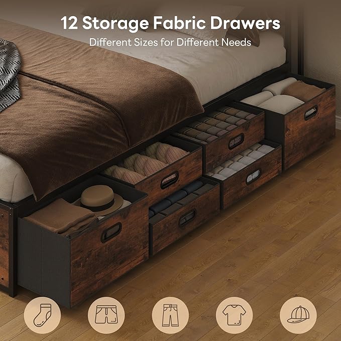 LIKIMIO Queen Bed Frame with 12 Fabric Storage Drawers, Industrial Platform Bed Frame with Headboard, No Box Spring Needed, Sturdy Metal Slat Support, Rustic Brown, Noise-Free, Easy Assembly