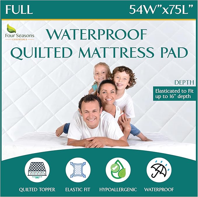 Full Size Quilted Mattress Pad - Fitted Waterproof Mattress Protector, Pillow Top Mattress Topper, Premium Quality Hypoallergenic Mattress Cover