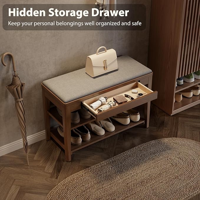 Small Shoe Bench with Storage, Wooden Shoe Storage Bench with Cushion&Hidden Drawer, 2-Tier Shoe Rack Bench for Entryway, Mudroom, Hallway