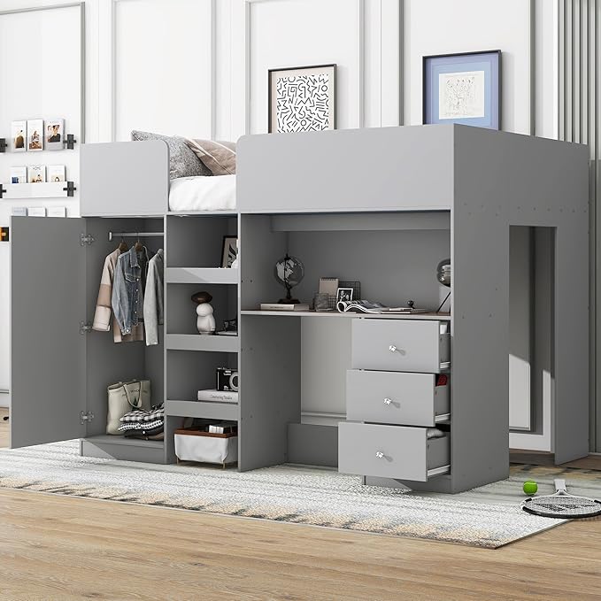 Harper & Bright Designs Full Size Loft Bed with Desk, Wood Full Loft Bed Frame with Built-in Wardrobe, Storage Shelves and Drawers, Gray