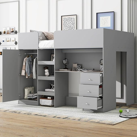 Harper & Bright Designs Full Size Loft Bed with Desk, Wood Full Loft Bed Frame with Built-in Wardrobe, Storage Shelves and Drawers, Gray