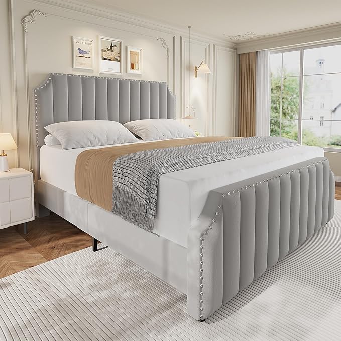 GarveeHome Queen Size Velvet Bed Frame, 50.2 in Tall Headboard & Footboard, Upholstered Platform Queen Bed Frame with Nailhead Trim, No Box Spring Needed, Noise Free, Solid Wooden Slats, Grey