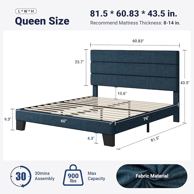 Allewie Queen Size Platform Bed Frame with Fabric Upholstered Headboard and Wooden Slats Support, Fully Upholstered Mattress Foundation/No Box Spring Needed/Easy Assembly, Navy Blue