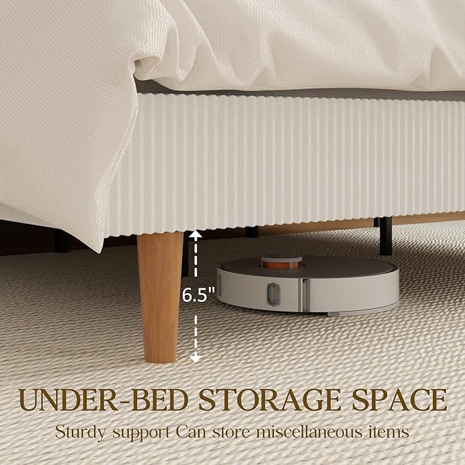 Queen Size Bed Frame, Upholstered Platform Bed with Adjustable Headboard, Vertical Fluted Tufted, Soft Corduroy Fabric, Strong Wooden Slats Support, No Box Spring Needed, Easy Assembly, White