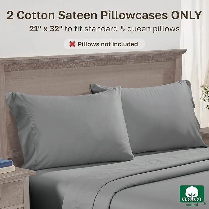 California Design Den Luxuriously Soft Premium 600 Thread Count, 100% Cotton Set of 2 Cases, Crisp Grey Pillow Cases Standard Fits Standard & Queen Pillows (Mist Grey)