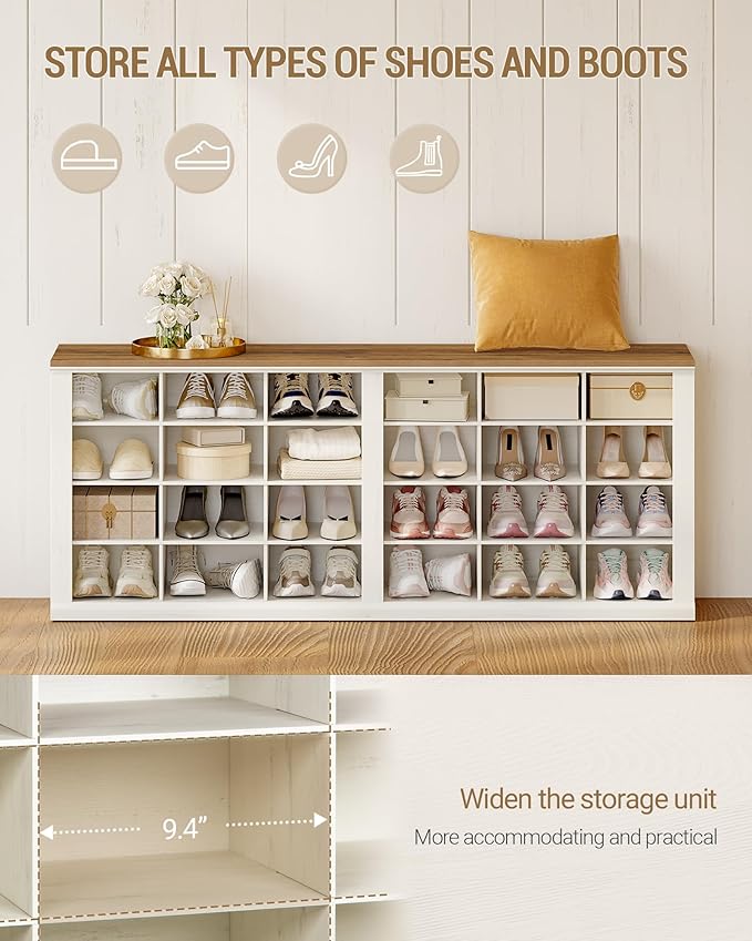 Hzuaneri Farmhouse Shoe Storage Bench, Entryway Shoe Cubby Bench, Widened Wooden Shoes Cubbies with Compartments, Shoes Rack Benchs for Cloakroom, Entryway, Antique White SB52514B