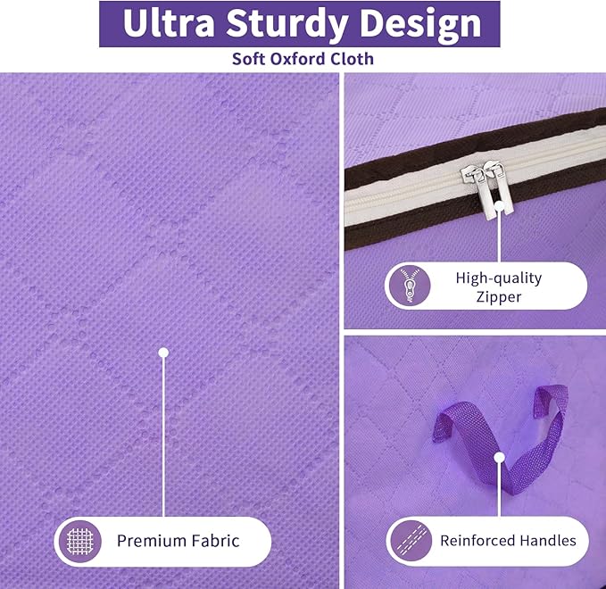 90L Clothes Blanket Storage Bags, 6 Pack Under Bed Storage Bins with Lids, Foldable Closet Organizer with Reinforced Handles for Clothing, Blanket, Comforters, Bed Sheets, Pillows and Toys, Purple