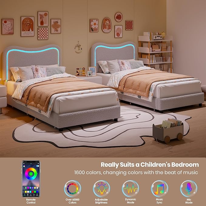 GarveeHome Upholstered LED Twin Bed Frames for Kids with 2 Drawers and Headboard, Cute Twin Bed with Storage for Girls, Boys, Sturdy Platform Bed, No Box Spring Needed, Wooden Slats, Noise Free, Grey