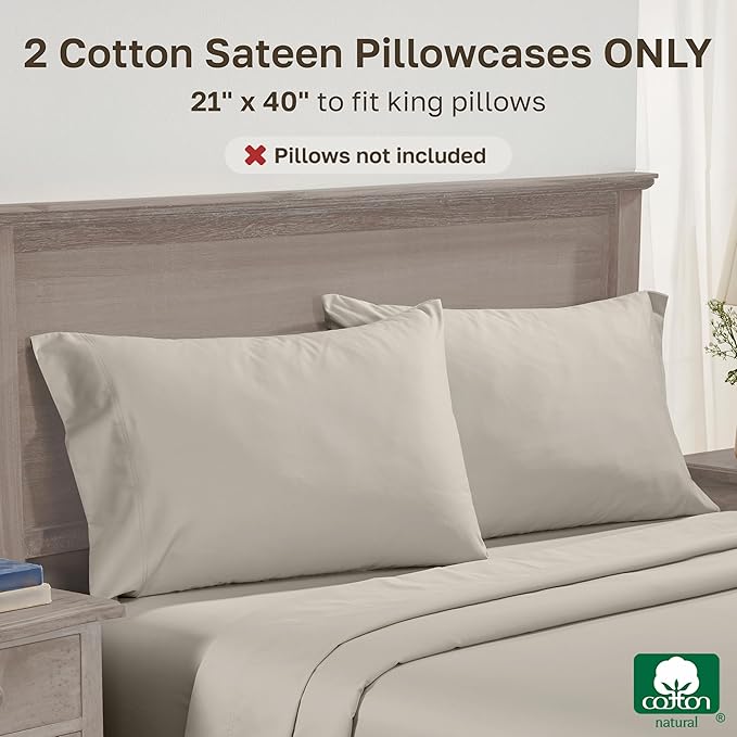 California Design Den Premium King Size Pillowcases Set of 2-600 Thread Count Sateen, Natural 100% Cotton Pillowcases King, Crisp, Durable Bedding - Soft Linen