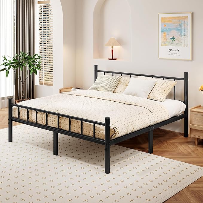 zizin Queen Size Metal Bed Frame with Headboard & Footboard 14 Inch Metal Platform Mattress Foundation Support with Steel Slat, Under Bed Storage, No Box Spring Needed
