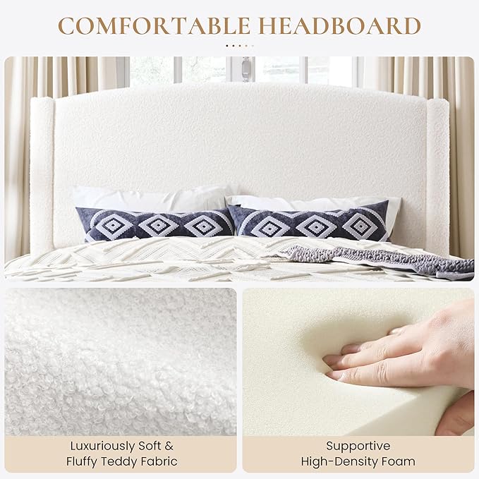 SHA CERLIN Queen Bed Frame with Soft Teddy Fabric, Boucle Upholstered Platform Bed, Curved Headboard Design, Wooden Slats Support, Noise-Free, No Box Spring Needed, Easy Assembly, White