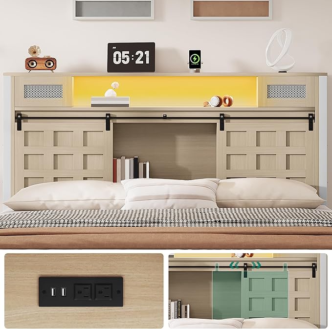 YITAHOME Farmhouse Bed Frame King Size with Storage Bookcase Headboard, Wooden Bed Frame with Charging Station & Led Light, Platform Bed with Sliding Barn Door, No Box Spring Needed,Oak w/Light