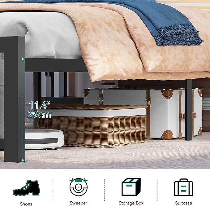 YITAHOME Full Bed Frame with 2-Tier Storage Headboard, Metal Platform Bed Frame with Charging Station & LED Lights, Noise-Free/Metal Support/No Box Spring Needed, Rustic Brown