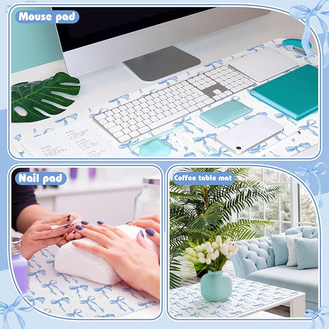 Teenyyou Coquette Bow Makeup Mat for Vanity Top Protector Graduation Gift Dual Side Leather Desk Mouse Pad Girly Waterproof Nonstick Dressing Accessories for Women Home Office(Blue,15.7"x31.5")