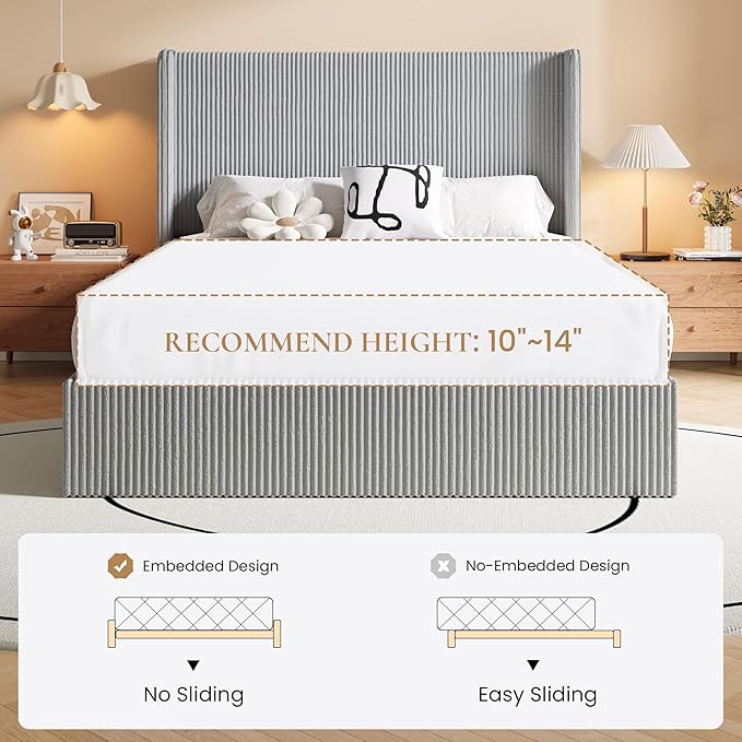 SHA CERLIN Full Size Lift Up Storage Bed Frame, Modern Upholstered Wingback Headboard, Hydraulic Support & Underneath Storage, Soft Corduroy Fabric Platform Bed, No Box Spring Needed, Light Grey