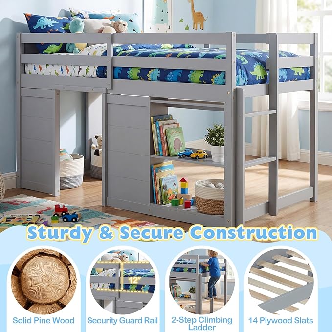 Giantex Loft Bed Twin Size with LED Lights, Wooden Low Bed Frames for Kids w/2 Doors, Under-Bed Play Space & Storage Bookcase, Modern Bedframe with Ladder & Safety Guardrail for Boys Girls (Grey)