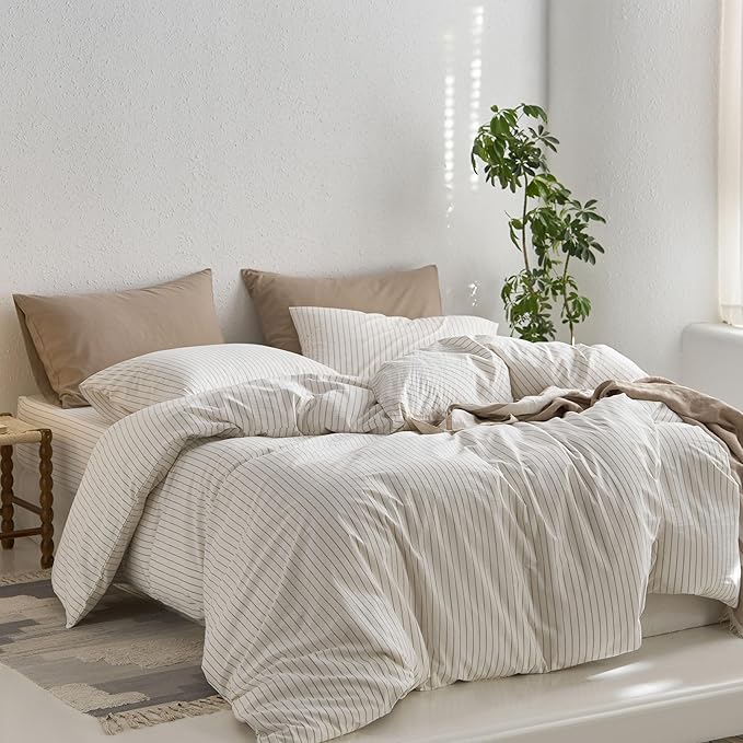 MooMee Striped Duvet Cover Set 100% Washed Cotton Linen Like Textured Breathable Durable Soft Comfy (White Tannish Linen Grey Wide Stripes, Oversized Full 82"x86")