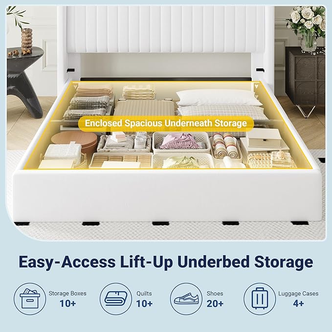 Allewie Queen Size Lift Up Storage Bed Frame, Hydraulic Support System, Upholstered Platform Bed Frame, Underneath Storage, Vertical Channel Tufted Headboard with Wingback, No Box Spring Needed, White
