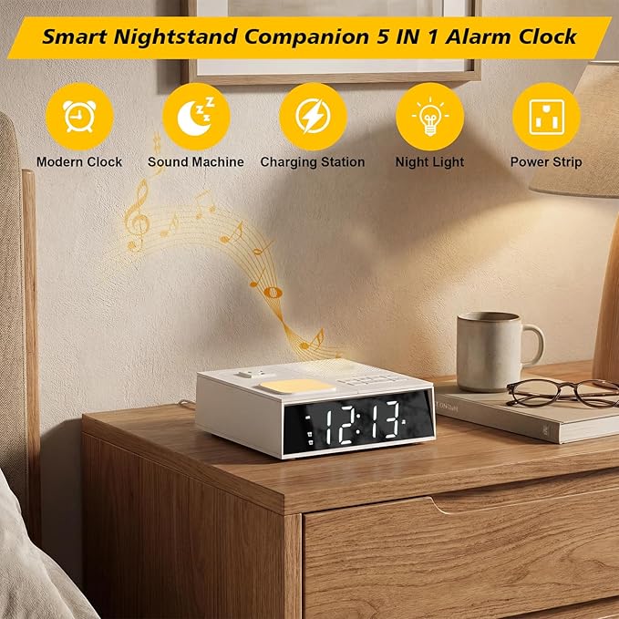 Kungfuking Sound Machine Alarm Clock with 41 White Noise Sounds, 2 USB Chargers Power Strip, Large Dimmable Display Dual Timer Clocks for Bedroom Dorm Hotel Room